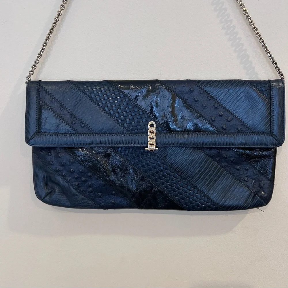 Vintage Caprice Snakeskin Clutch in Blue Hues, circa 1980s chain strap